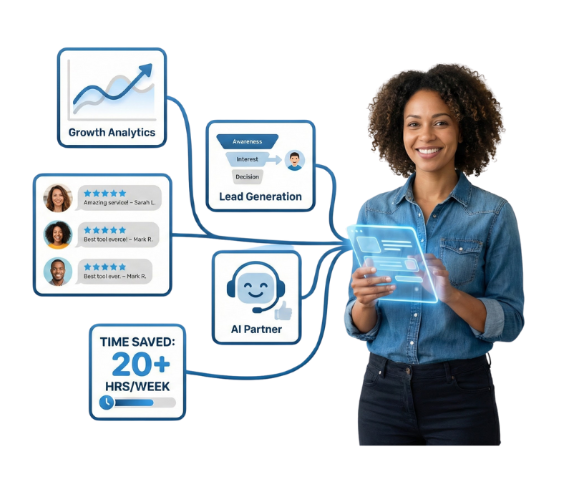 Woman holding a tablet with AI marketing solutions, showcasing growth analytics, lead generation, and time savings of 20+ hours per week, reflecting BusyPros AI's focus on simplifying digital marketing for small businesses.