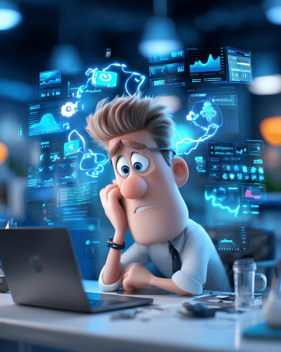 Frustrated business owner overwhelmed by confusing digital marketing analytics and complicated data dashboards on lapto