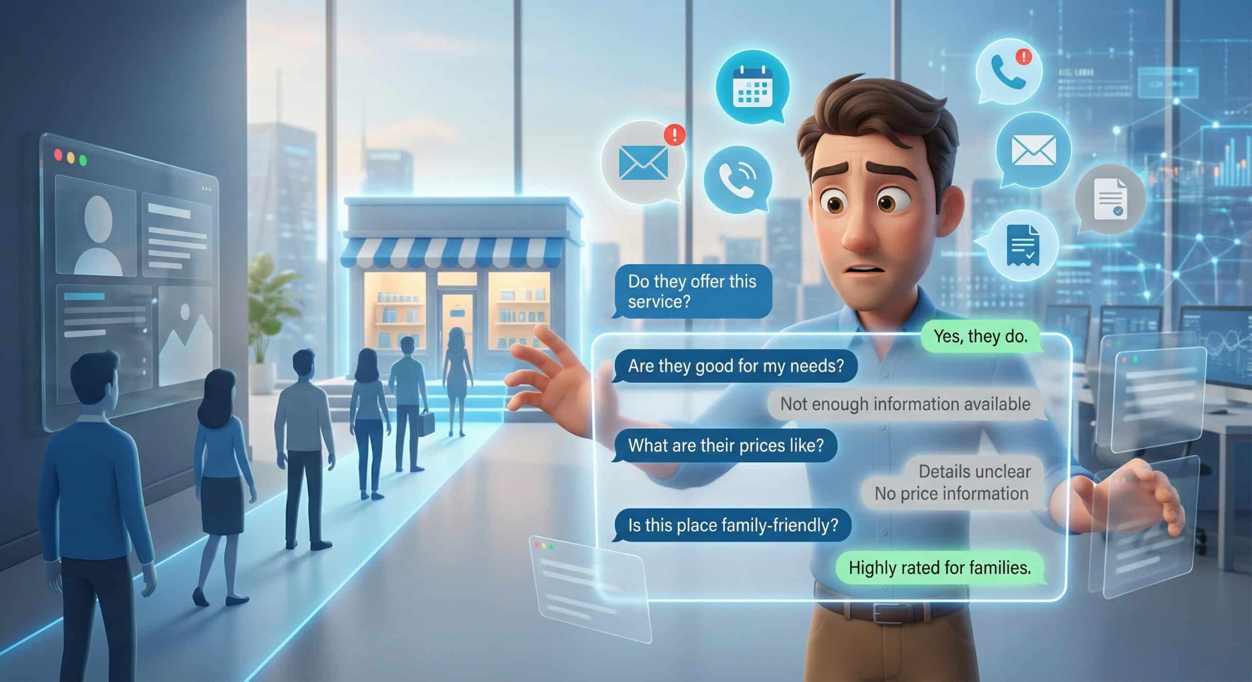 Business owner watching customers walk to competitor while AI shows mixed answers including not enough information available and no price information