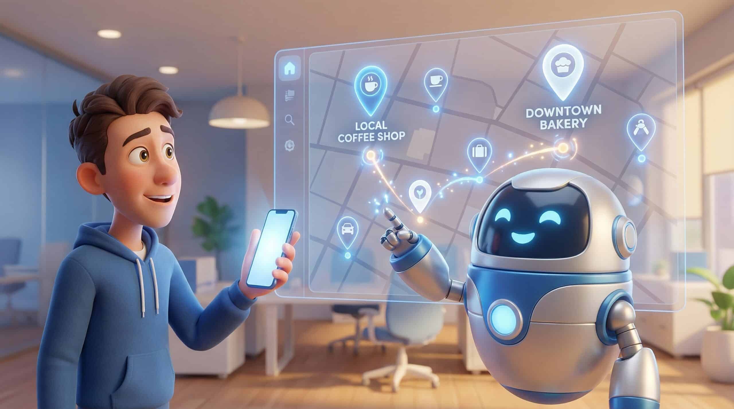 Business owner using smartphone with AI robot showing Google Maps local business locations including coffee shop and bakery pins