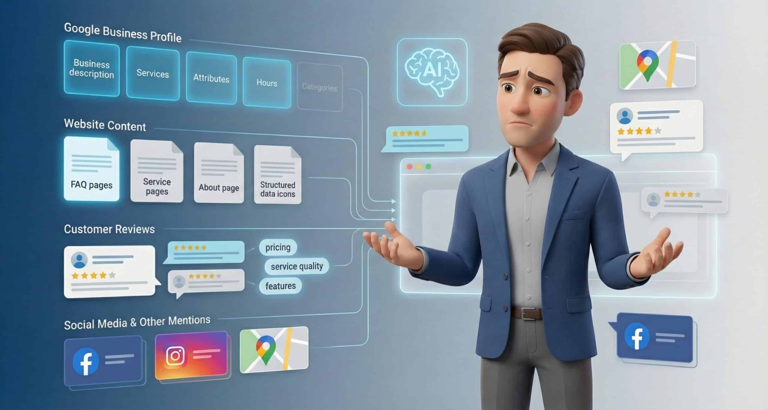 Overwhelmed business owner with arms spread showing confusion about managing Google Business Profile website content customer reviews and social media for AI optimization