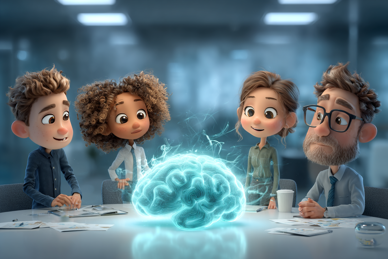 Small business team discussing AI marketing systems with a glowing digital brain at the center