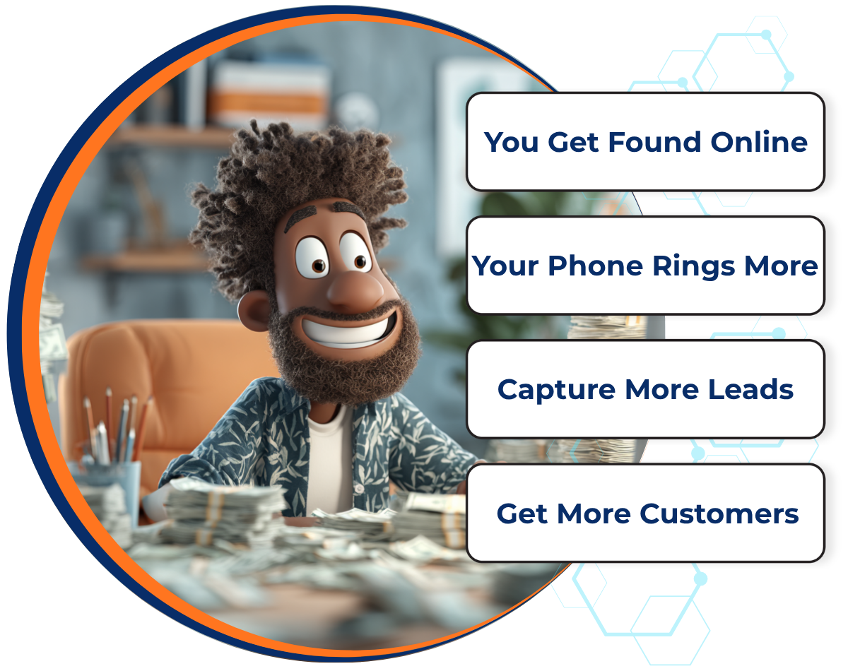 Happy business owner seeing results from digital marketing agency with Google rankings phone calls and growth analytics showing increased customers